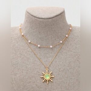 Gold 2pc Green Sun Pendant & Faux Pearl Necklace Set